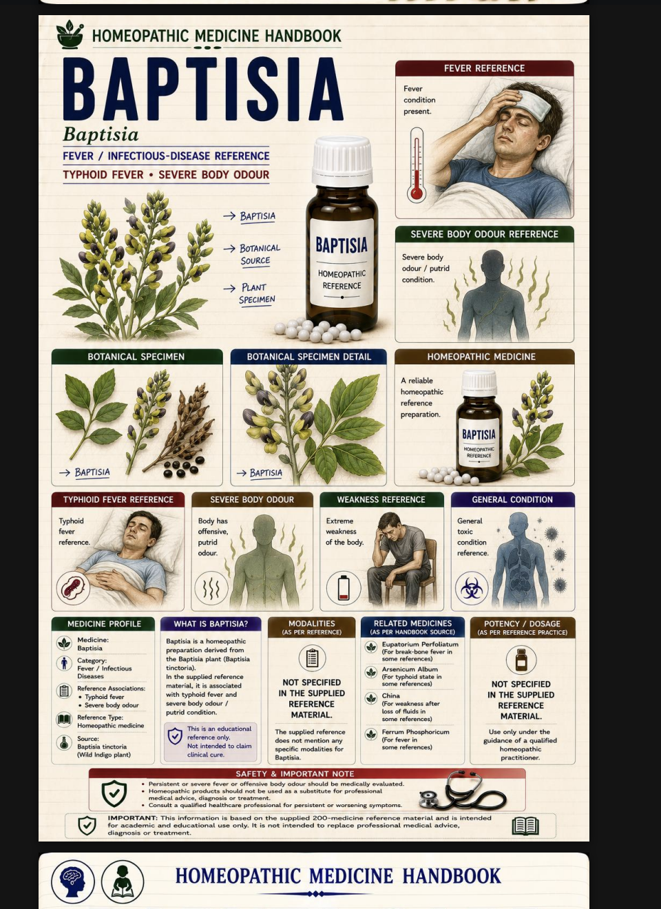 Baptisia handbook page with fever and botanical specimen visuals