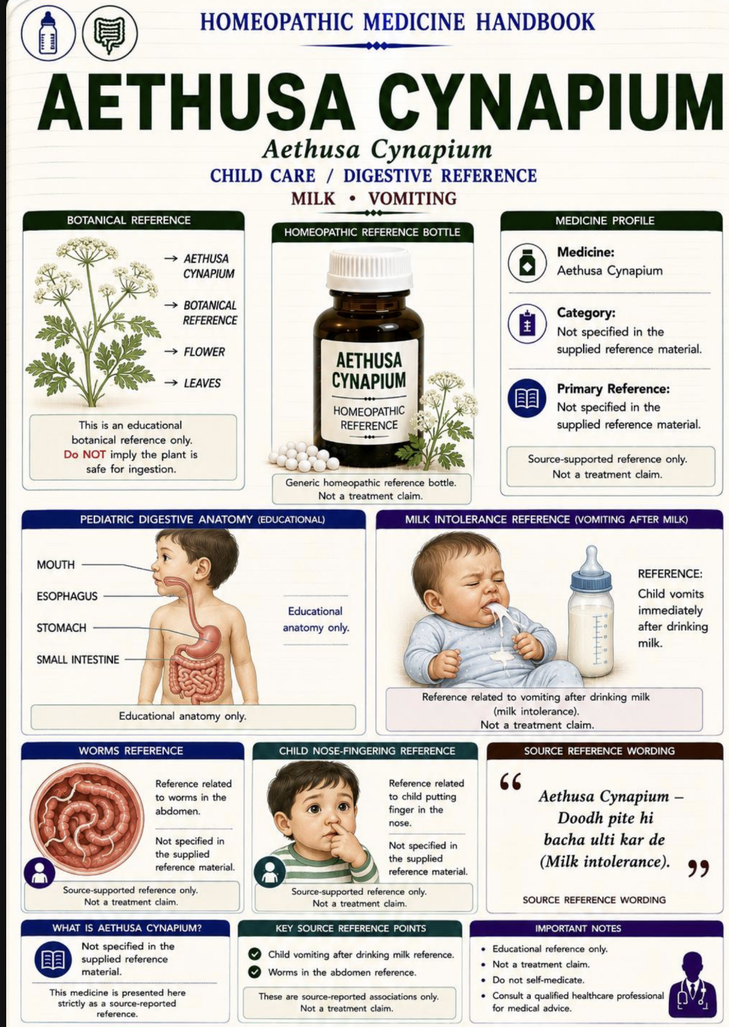 Aethusa Cynapium handbook page with botanical and pediatric digestive visuals