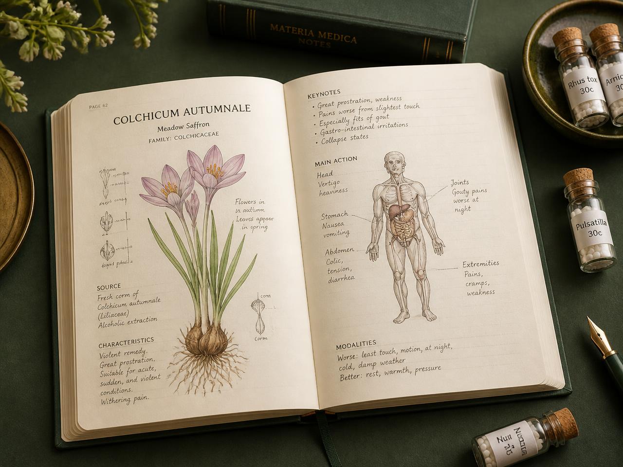 Open 100+ homeopathic medicines visual handbook with botanical and anatomical illustrations