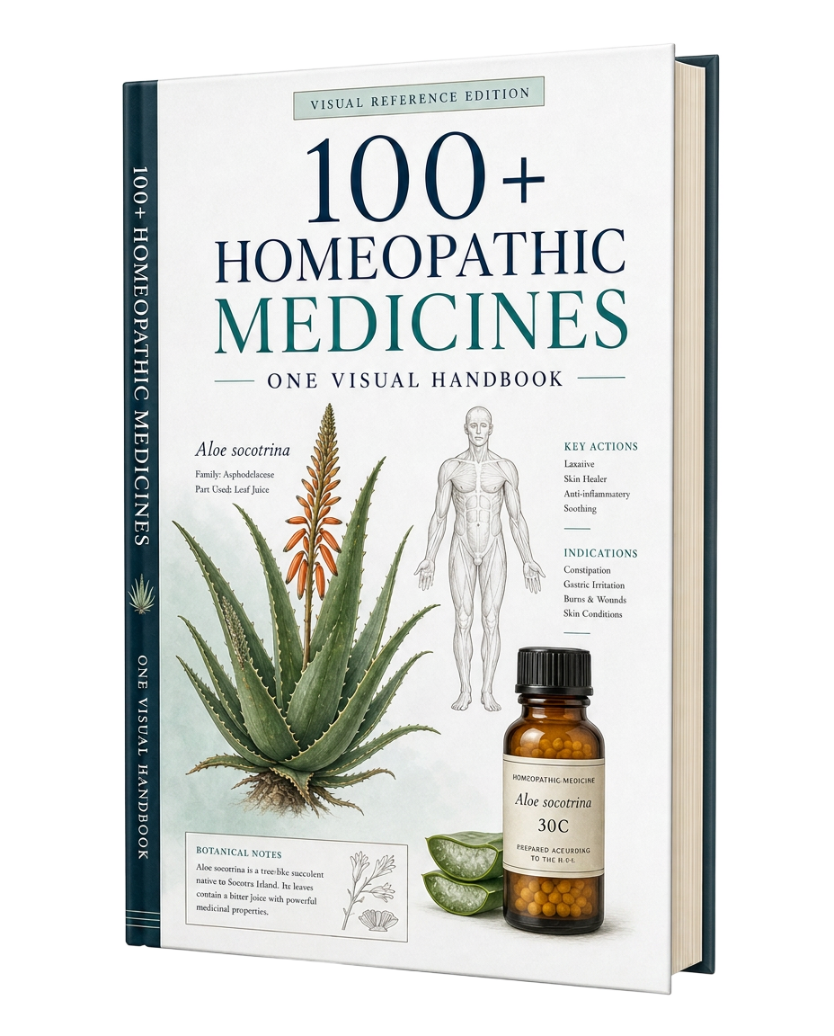 100+ Homeopathic Medicines visual handbook cover featuring aloe, anatomy and a medicine bottle